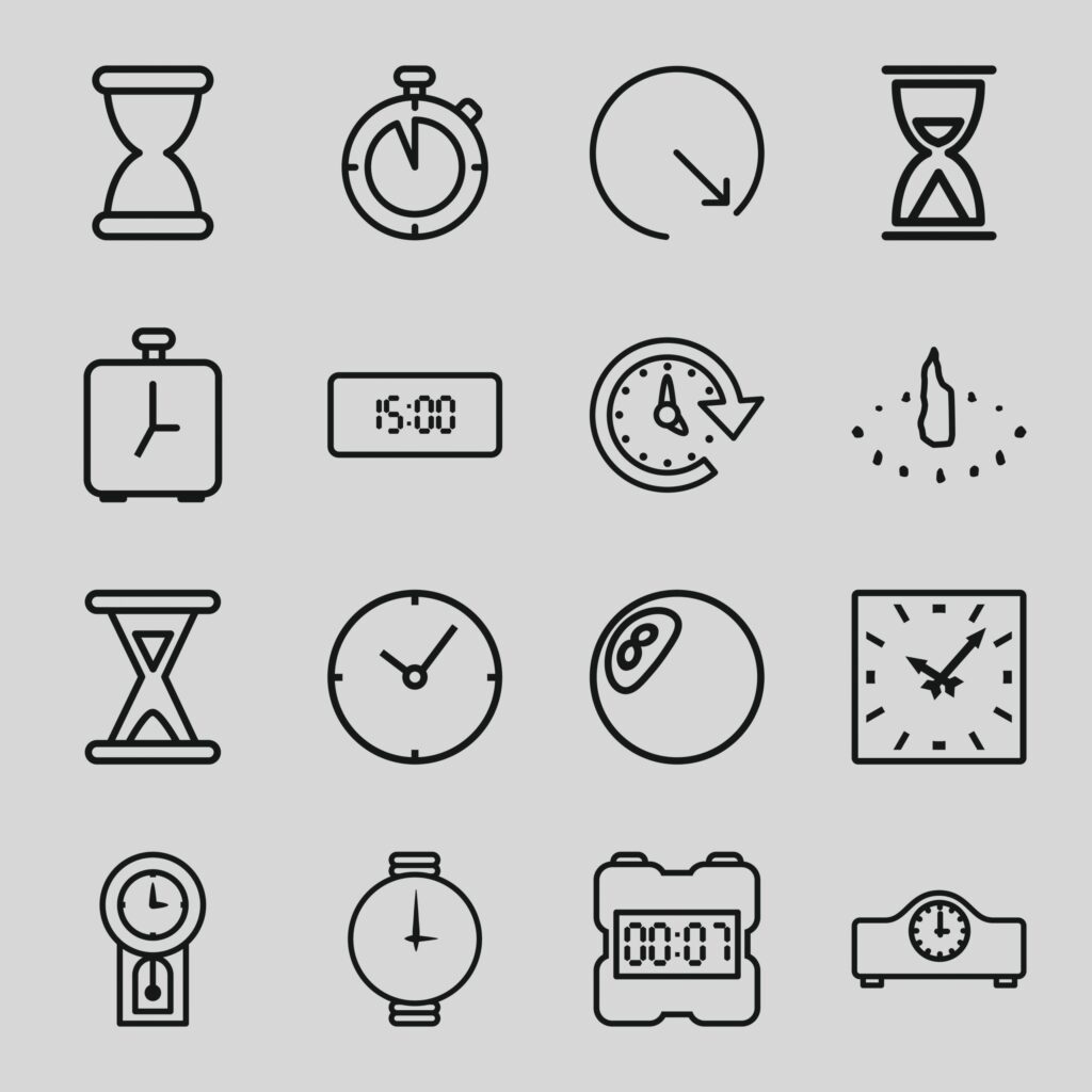 Illustrations depicting various time-keeping devices