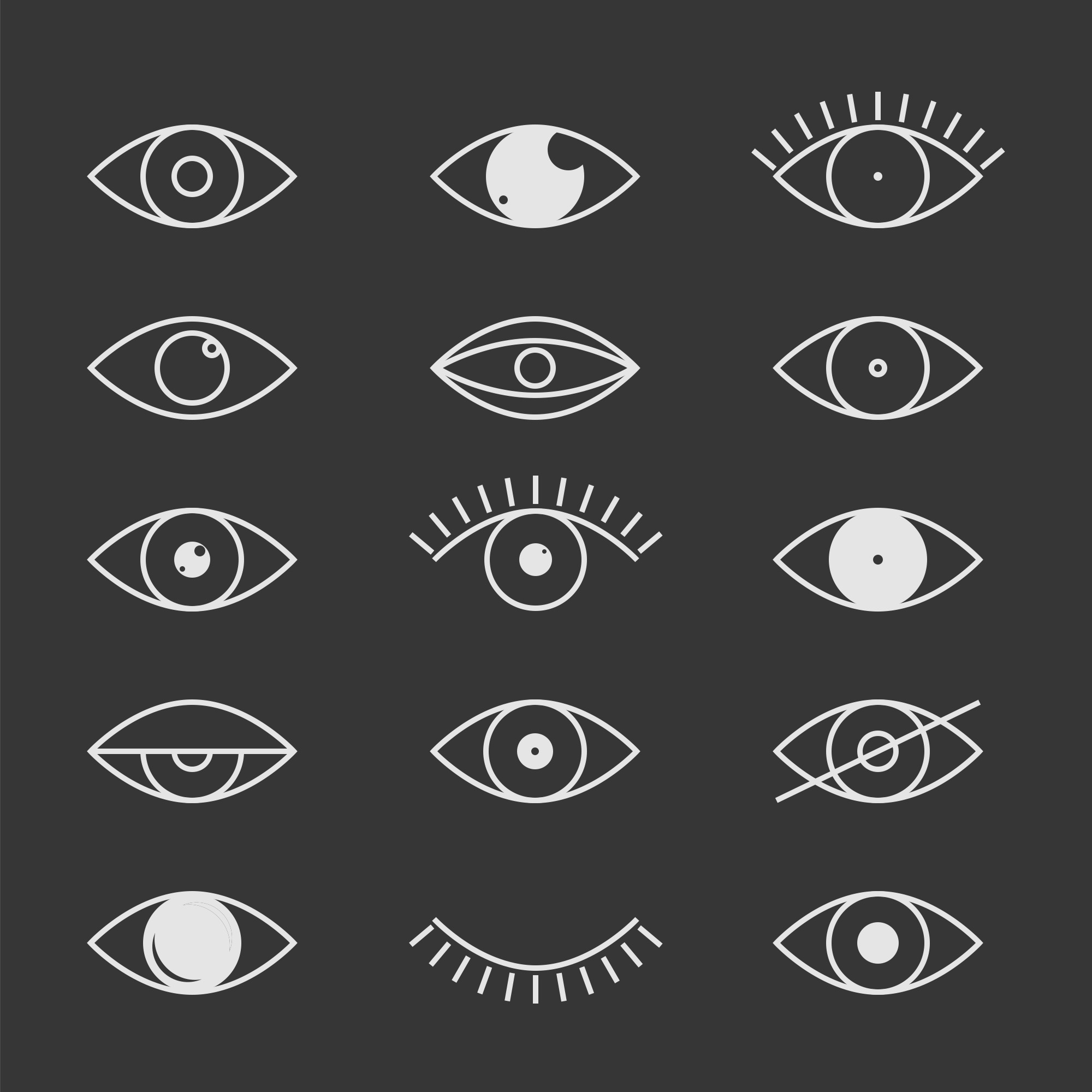 Fifteen small Illustrations of stylized eyes.
