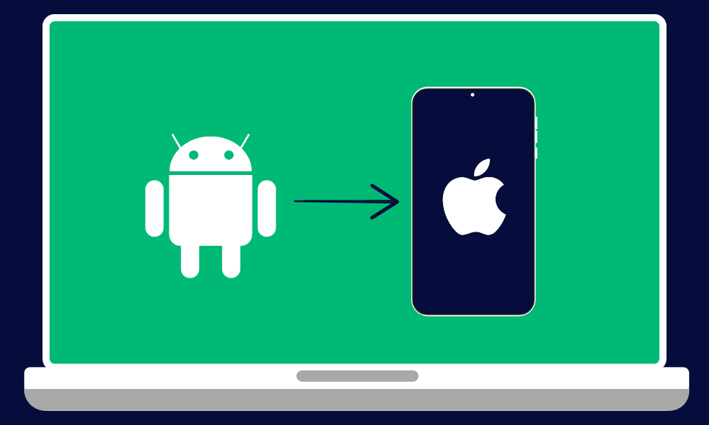 Computer screen with an arrow connecting an Android icon to an Apple device.