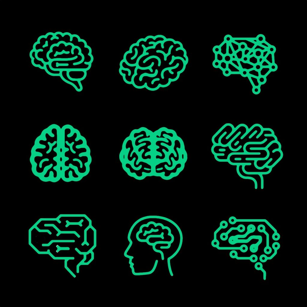 Six depictions of digital and human brains.