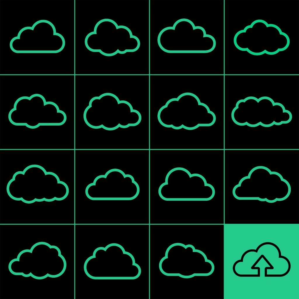 Illustrations of various cloud shapes, representing cloud computing