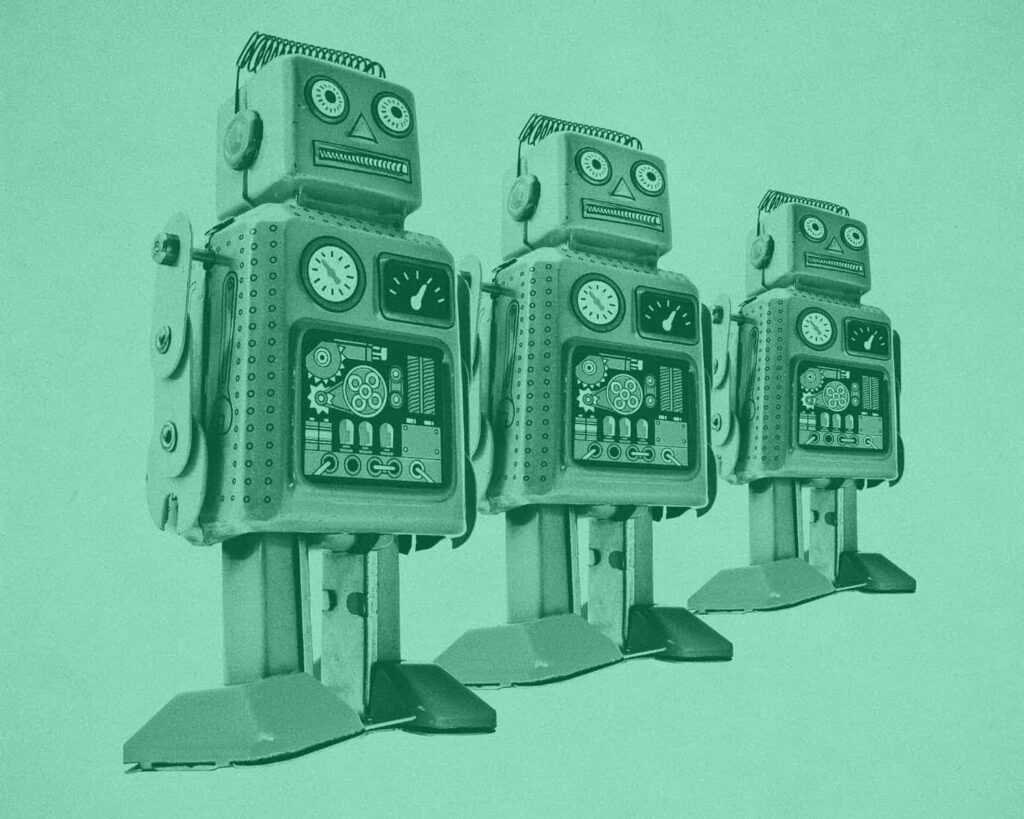Vintage robots assembled in a line
