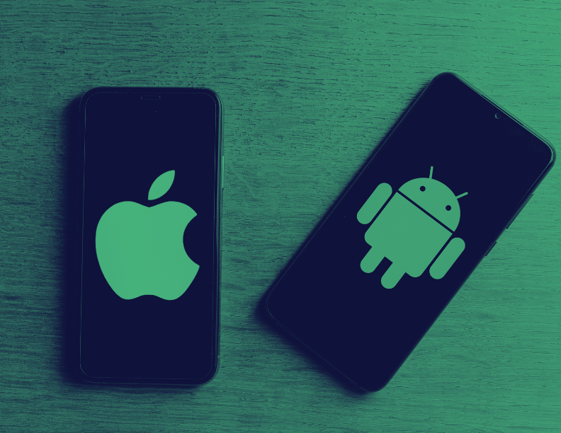 Two phones, one with an Apple logo and with one an Android Logo