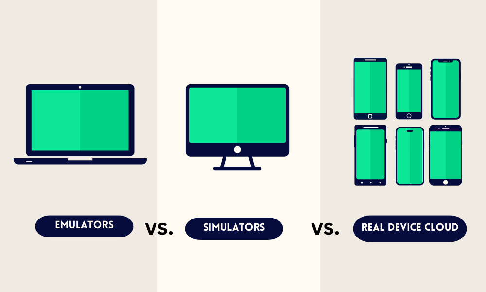 Graphic showing emulators vs. simulators vs. real device cloud