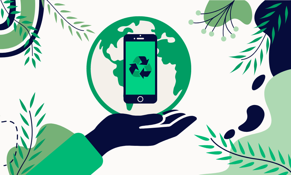 Hand holding up a phone with the Earth behind it and a green Reduce, Reuse, Recycle symbol on the screen. 