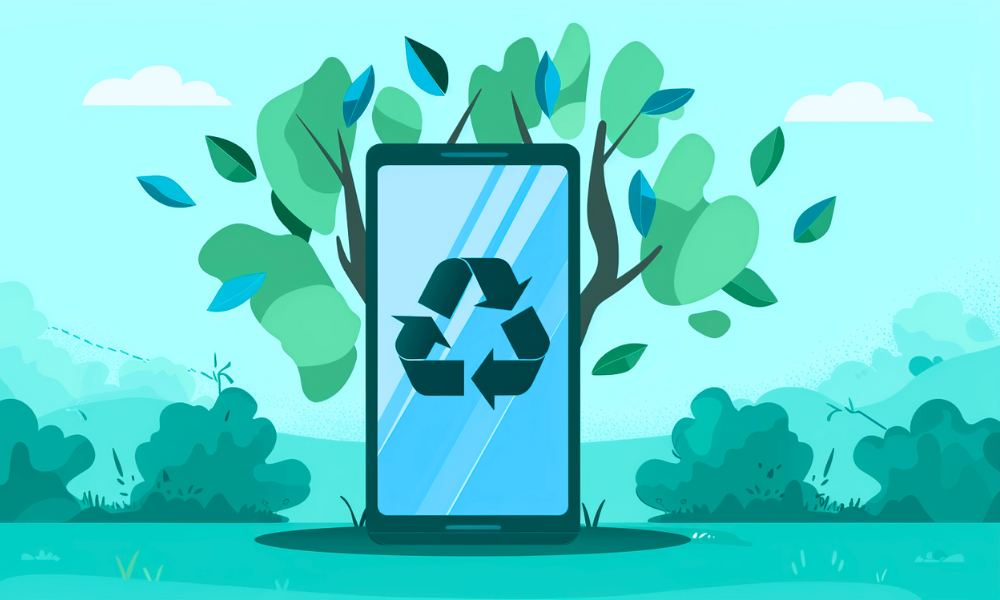Smartphone in front of a tree with a Reduce, Reuse, Recycle symbol on the screen