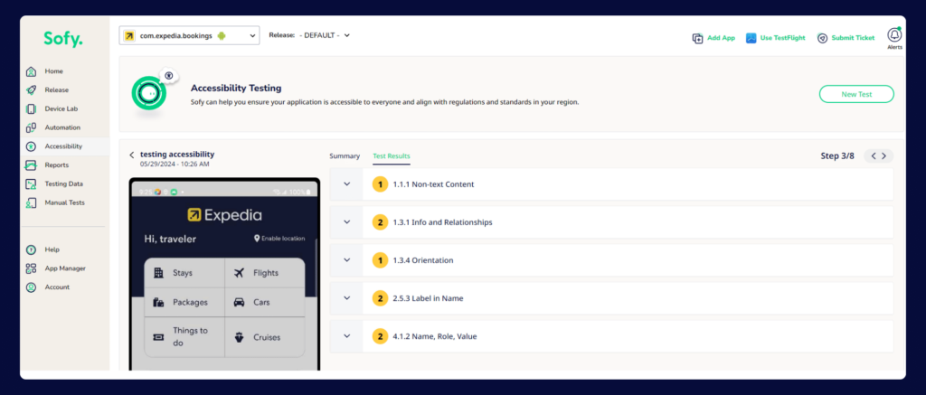 Screenshot showing accessibility testing reports in Sofy's Automation reporting page. 