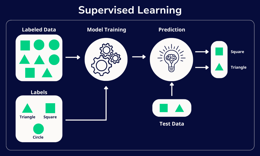 Infographic showing the process of supervised learning in Machine Learning models.