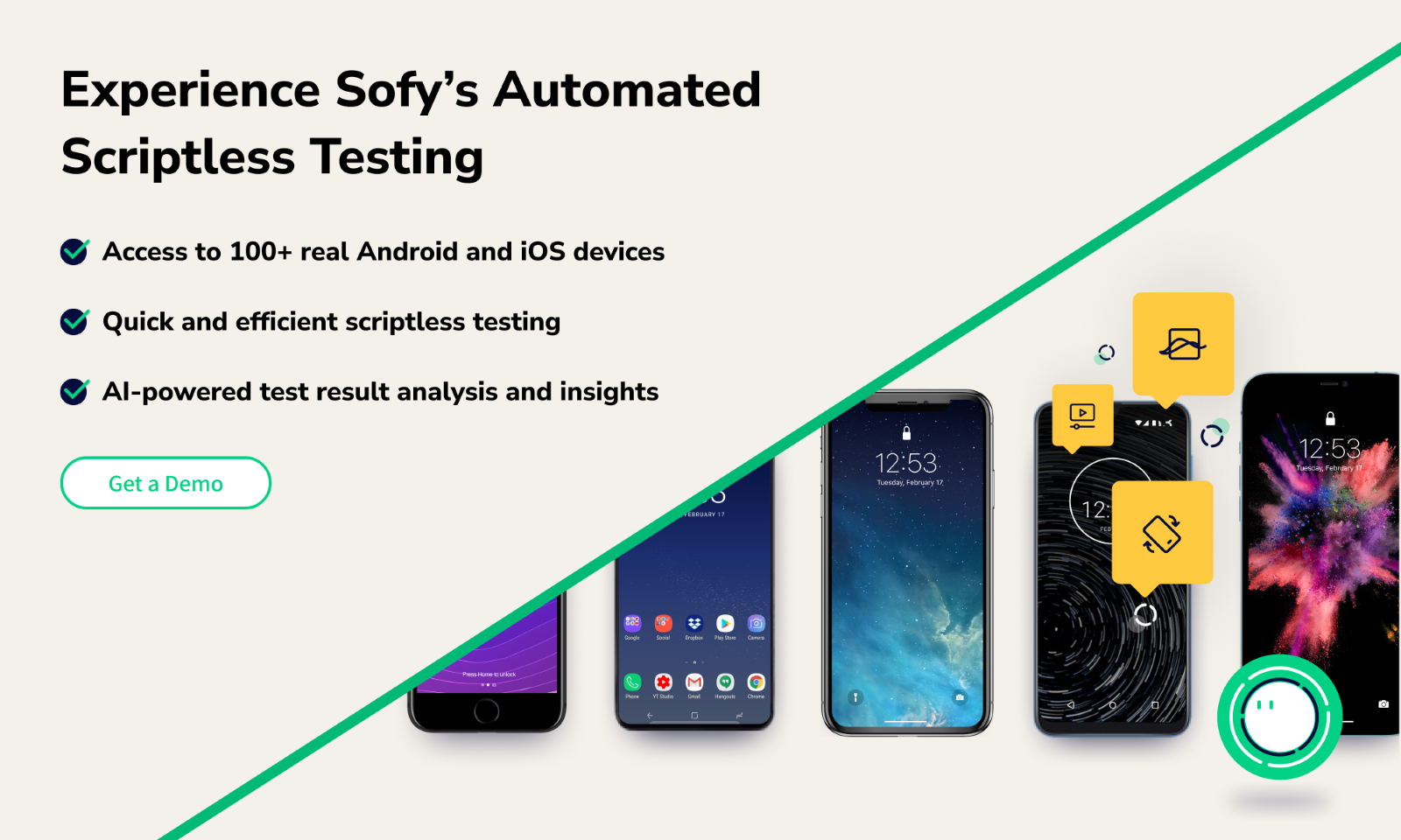 Graphic explaining how Sofy's automated scriptless testing can improve and streamline the testing process.