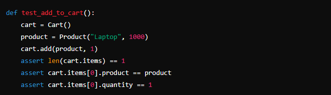 Code block showing an example of unit testing adding items to a cart. 