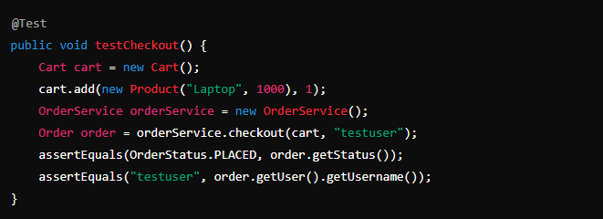 Code block showing an example of unit testing the checkout process. 