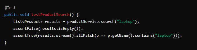 Code block showing an example of unit testing product search functionality. 