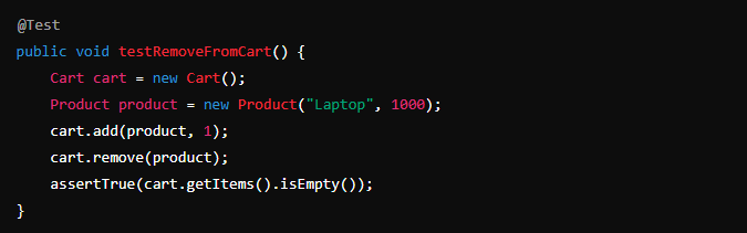 Code block showing an example of unit testing removing items from cart. 