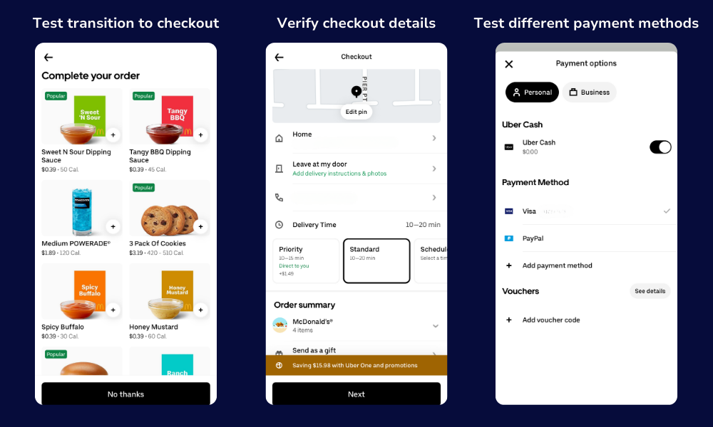 Screenshots showing the different ways to test the checkout process in the Uber Eats app
