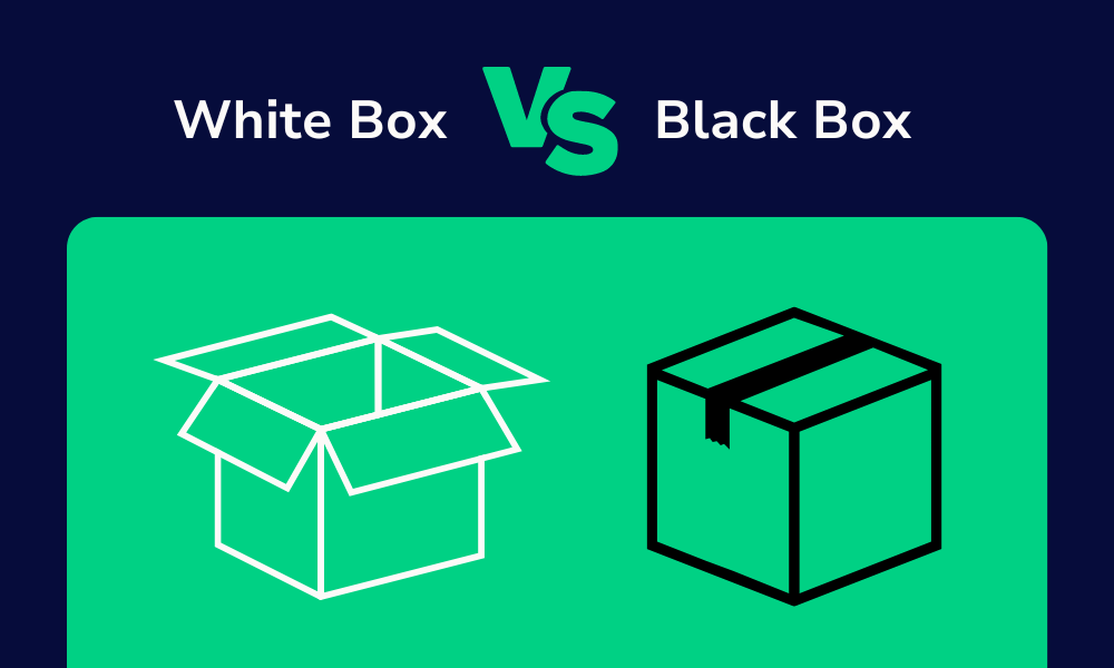 Graphic showing white box vs black box testing.