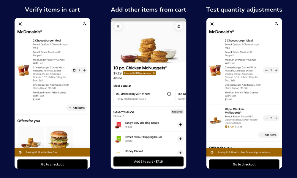 Screenshots showing different ways to test the Uber Eats shopping cart.