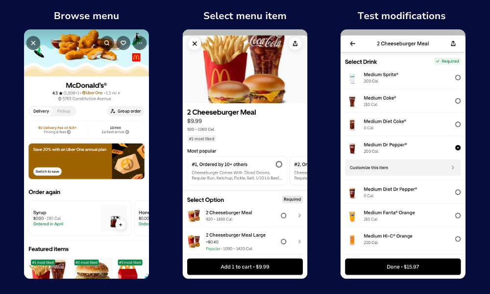 Screenshots showing different ways to verify browsing and selecting items from a menu